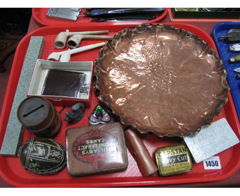 Copper Wall Plates, Treen money box with image of  St Botolph's Church, Boston, tins, clay pipes, flask etc:- One Tray