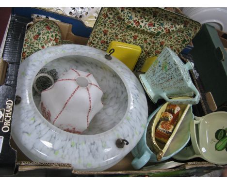 A 1920's Mottled Globular Ceiling Shade, Hexagonal Shade, four piece plate tea service, carving set, ceramics, trays etc.