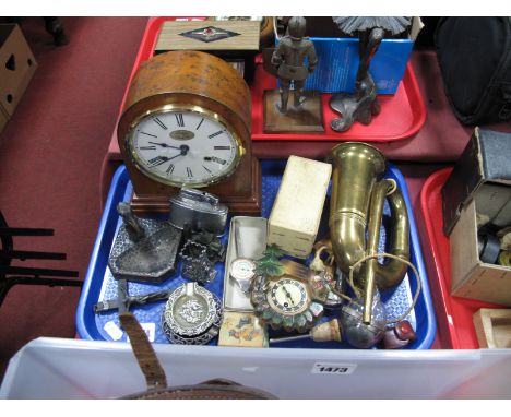 Brittain Mantel Clock, brass horn, Mosda lighter, ashtrays etc:- One Tray