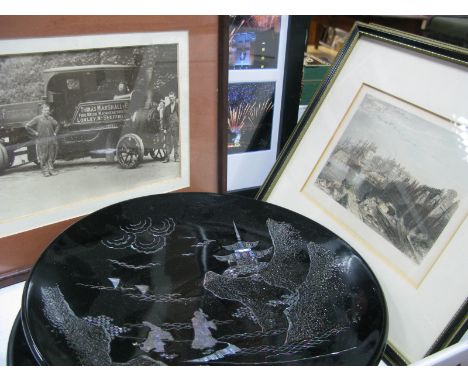 A Pair of Oriental Black Lacquer Plates, with mother of pearl inlay, early photograph of a steam engine (Thomas Marshall Fire