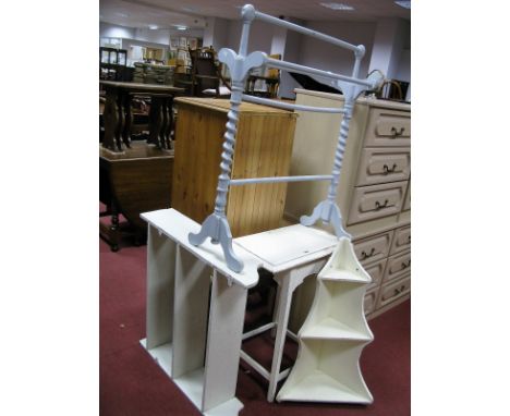 A Cream Painted Towel Rail, wall shelf, corner shelf, table. (4)