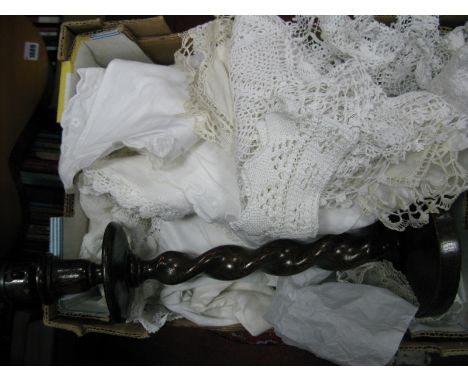 Lace and Embroidered Christening Gowns, crochet mats, oak barley twist lamp.