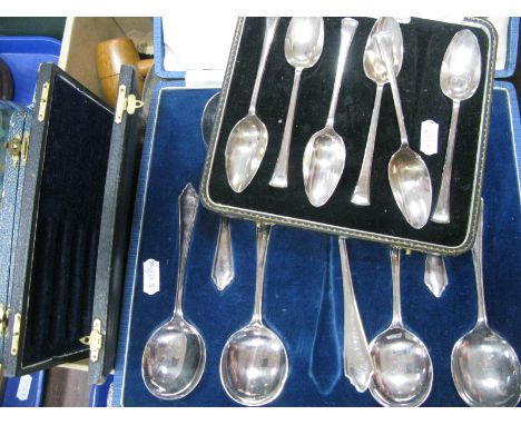 A Quantity of Cased and Loose Cutlery, hip flask, finger plate, gavel, Bedford plate grapefruit spoons, fruit set, silver bla