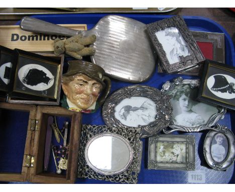 A Silver Hallmarked Hand Mirror, box of dominoes, framed photographs etc:- One Tray