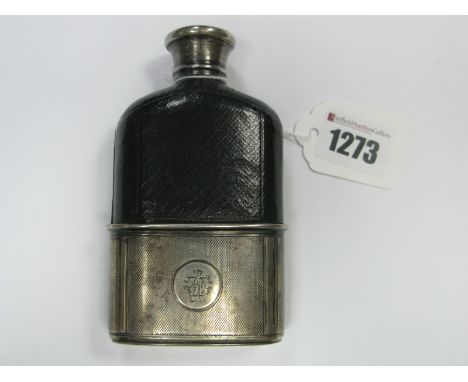 A Victorian Hallmarked Silver Mounted Hip Flask, London 1857, with removable engine turned base cup and screw top, monogramme