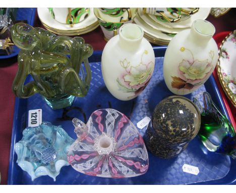 A Latticino Glass Chamber stick, Owl paperweight, pair ovoid glass vases, Mdina style ornament etc:- One Tray