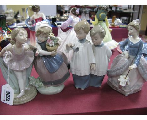 Lladro Figurines - 'Sombrilla Plantada' and 'Linda Con Maceta', both boxed; Nao Choirboys and Ballerina.