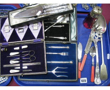 A Hallmarked Silver Handled Service Knife and Fork, a hallmarked silver handled cake slice and cheese knife, together wtih a 