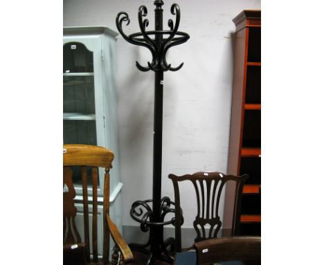 Thonet Brentwood Hat and Coat Stand, circa 1920's with eight hooks, circular stick rest, on cruciform base, approximately 200