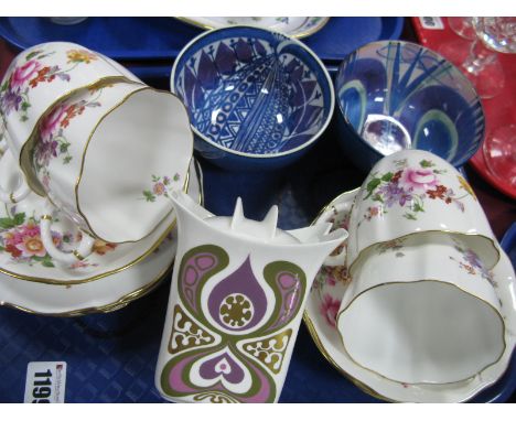 Royal Crown Derby 'Derby Posies', cups, saucers and plates, two Royal Copenhagen bowls, Highland fine jar and cover:- One Tra