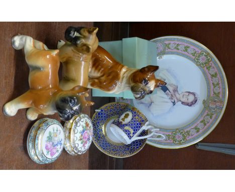 Three models of boxer dogs including West Germany, two Limoges trinket pots, a Buckingham Palace mug and HRH Queen Mother pla