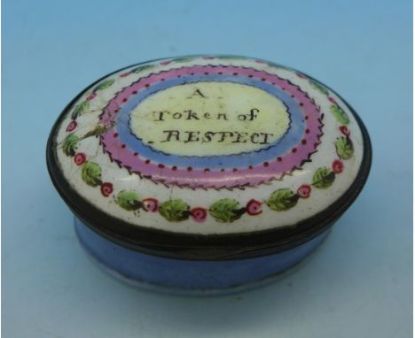 A Georgian patch box, the lid reads; 'A Token of Respect' with a painted decoration to the underside of the lid and a lock of