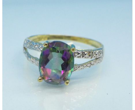A 9ct gold, mystic topaz and diamond ring, 1.6g, O