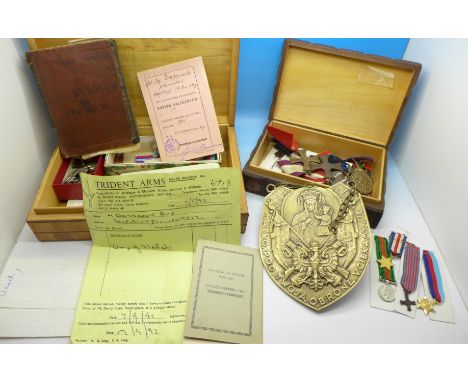A collection of Polish war medals, related ephemera and badges, medals include two Cross of Valour, (Krzyz Walecznych), War O