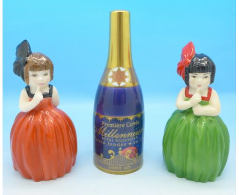 Three Royal Worcester candle snuffers, Millennium champagne bottle, Hush x2, one Hush with certificate, all boxed