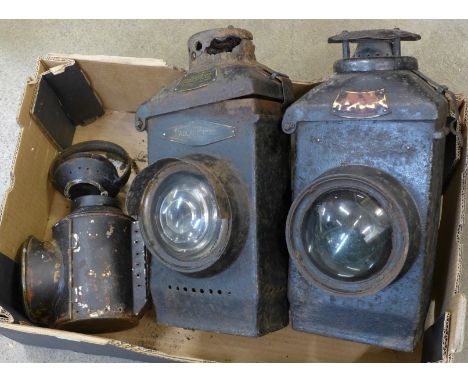 Two Adlake railway lamps and a signalman's lamp, a/f