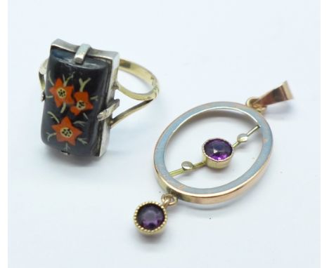 A 9ct gold pendant and a 9ct gold and silver ring, L