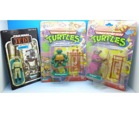 Two Bandai Teenage Mutant Hero Turtles figures and a Star Wars Return of The Jedi figure, in sealed bubble packs, (3)