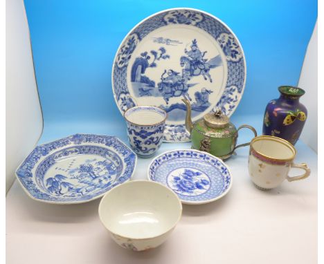 Eight Chinese items including bowls, cups, cloisonne vase, teapot, etc.