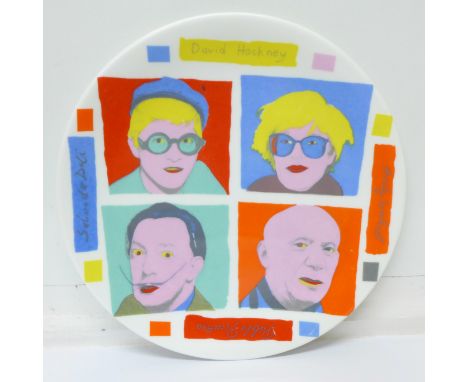 An artists plate featuring David Hockney, Andy Warhol, Pablo Picasso and Salvador Dali