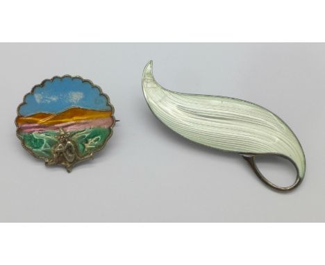 A Norwegian silver and enamel brooch, a/f, and an enamelled pixie brooch