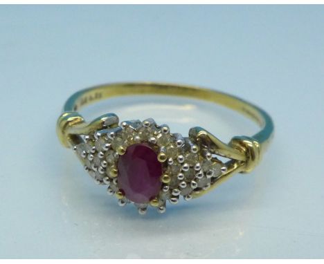 A 9ct gold, diamond and ruby ring, 3.2g, V