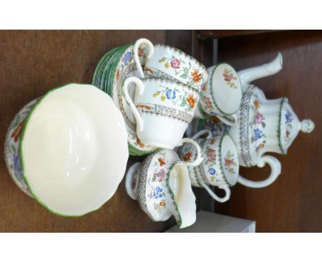 A Copeland Spode Chinese Rose six setting tea set with teapot, cream and sugar