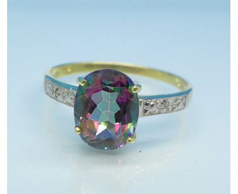 A 9ct gold, mystic topaz and diamond ring, 1.3g, O