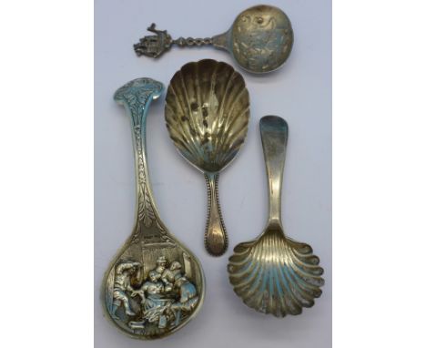 Two silver tea caddy spoons, 20g, a Chinese white metal spoon and one other caddy spoon