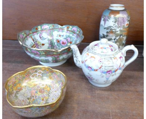 A Satsuma vase and bowl, a famille rose dish and a teapot