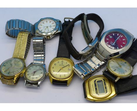 Seven gentleman's wristwatches including two Bulova Accutron, Buler, Rotary digital quartz and Lanco