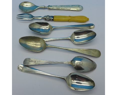 Five 19th Century silver spoons, one other spoon and a pickle fork, 51g