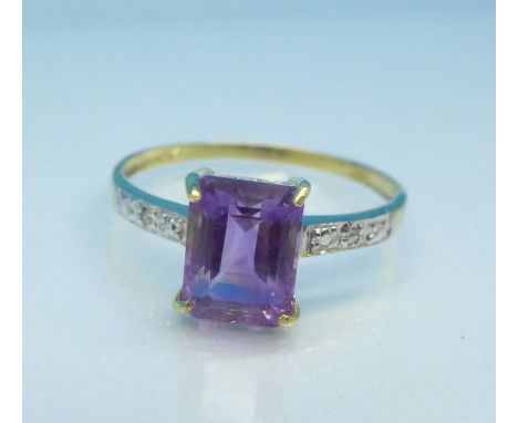 A 9ct gold, amethyst and diamond ring, 1.2g, O