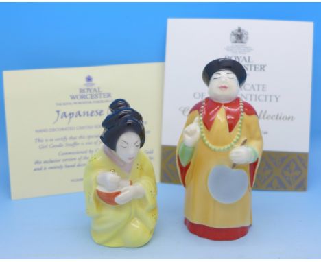 Two Royal Worcester limited edition candle snuffers, the Mandarin and Japanese girl, boxed with certificates