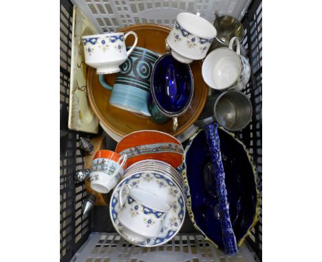 A Paragon Coniston part tea set, a Clarice Cliff The Biarritz Royal Staffordshire dish, a deep blue ceramic basket, etc.