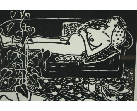 Sue Ambrose. Signed and numbered linocut. Titled 'Pregnant Women on Sofa' and dated 1983. Framed and glazed. H.50 W.48cm. 