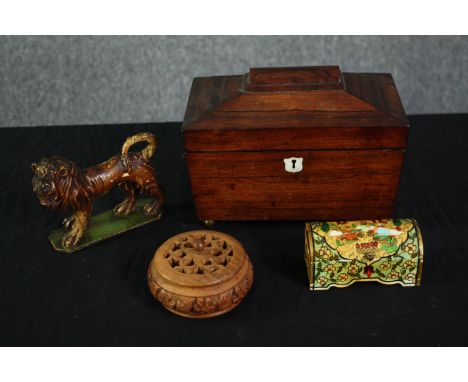 Miscellaneous. A carved lion figure, a Regency rosewood tea caddy, incense bowl, and a small hand painted bone sewing box. H.