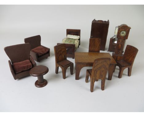 A doll's house Dining Suite of 3 pieces, dining table and four chairs, longcase clock and two Arm Chairs, 1930's, Clock 6in h