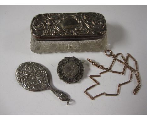 A silver lidded glass Trinket Box, small pendant Mirror, engraved silver Brooch and a 9ct gold Watch Chain