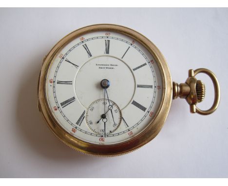 An open faced Pocket Watch the white enamel dial with roman numerals and subsidiary dial by Lambert Bros New York in engine t