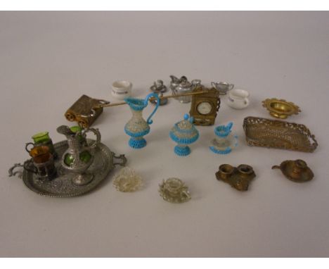 A German made metal mounted green glass dolls house Flagon with three Mugs, pewter type tea set, three blue and clear glass f