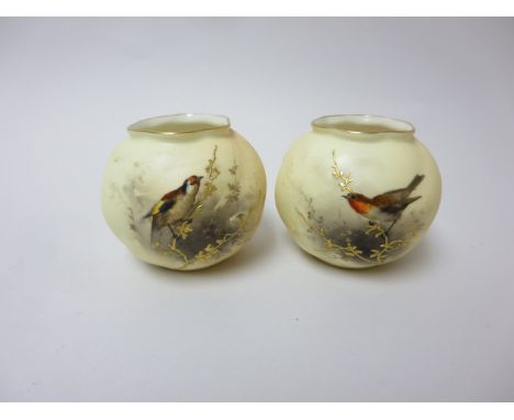 A pair of Royal Worcester globular Vases painted robin and goldfinch on branches with gilt detail, 2 3/4in