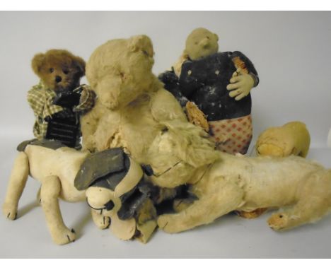 'Tige', a Steiff French Bulldog, 'Captain' from the Katzenjammer Kids, jointed dog, plush lion. All circa 1910 and in distres