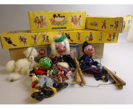 An early Pelham skeleton Puppet, cardboard box with blue label, Pelham Marlborough. Needs restringing. A group of 1960's pupp