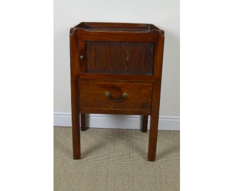 A Georgian mahogany Commode with tray top above tambour and drawer on square supports, 19in