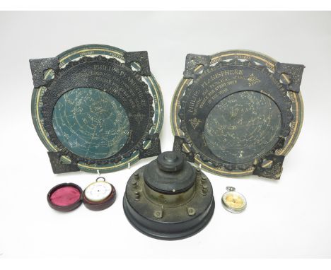 Two Philips' Planisphere Charts, an aneroid Pocket Barometer by Negretti & Zambra, in case, a Pocket Compass, and a Cosmos Cr