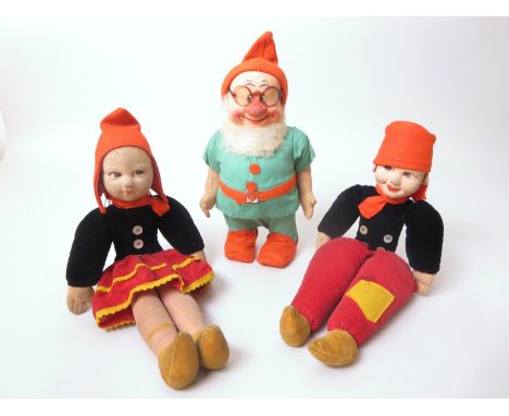 A Chad Valley Dwarf with felt face and original fabric costume, 10in and a velour and felt Dutch boy and Dutch girl, probably