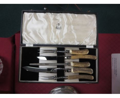 A five piece Carving Set, in case, a plated Tray, three piece Tea Service, Hot Water Jug, Coffee Pot, two Jugs, Sifter, silve