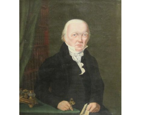 ENGLISH SCHOOL ,CIRCA 1810. Portrait of a Gentleman, seated half-length, in a library, holding a letter in his left hand, oil