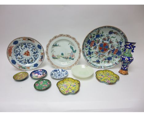 An 18th Century Chinese Saucer Dish floral painted in famille vert enamels, 10 1/2in, a famille rose Plate painted figures in